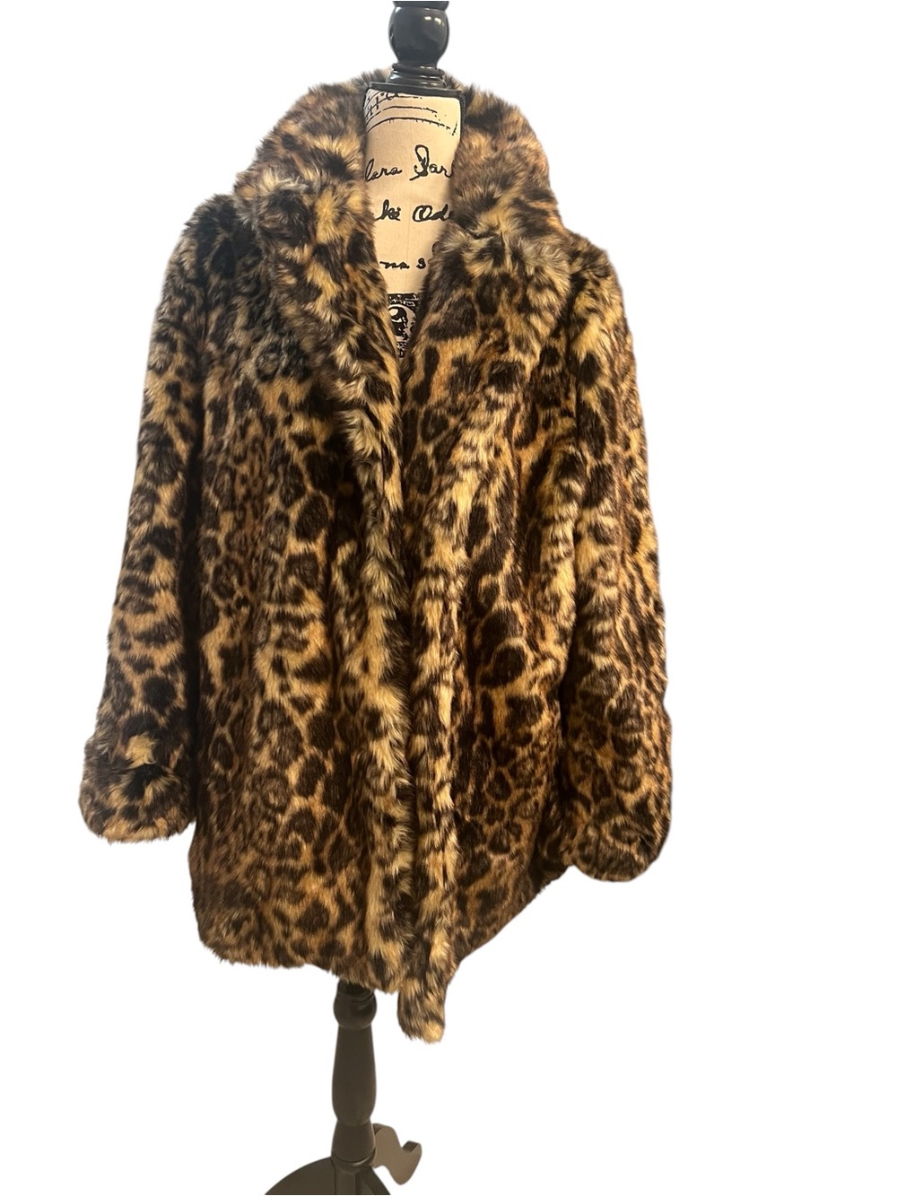 Tahari Faux-Fur Leopard Peacoat in Brown and Black
